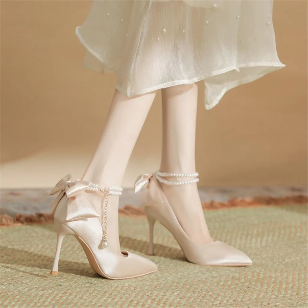 Fine Heel Pointed One Word Pearl Buckle with High Heels Lady Heel Bow Satin Fabric 5cm/1.97in Heels