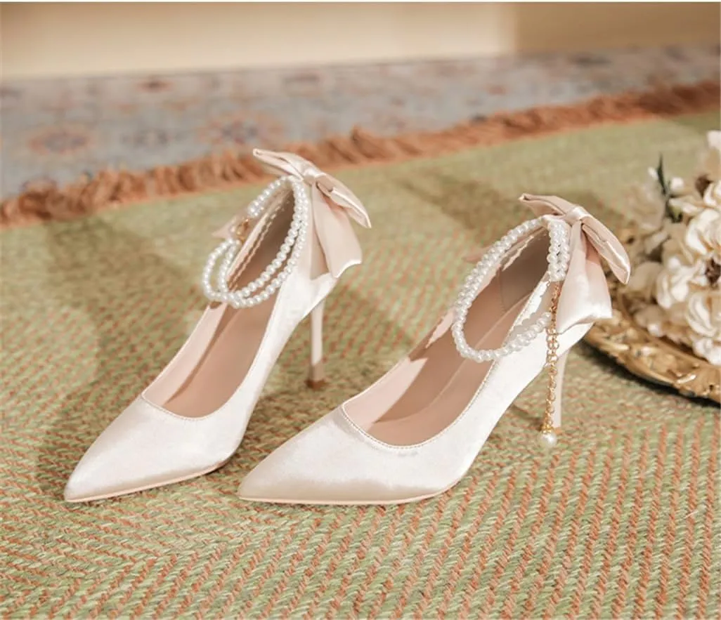 Fine Heel Pointed One Word Pearl Buckle with High Heels Lady Heel Bow Satin Fabric 5cm/1.97in Heels