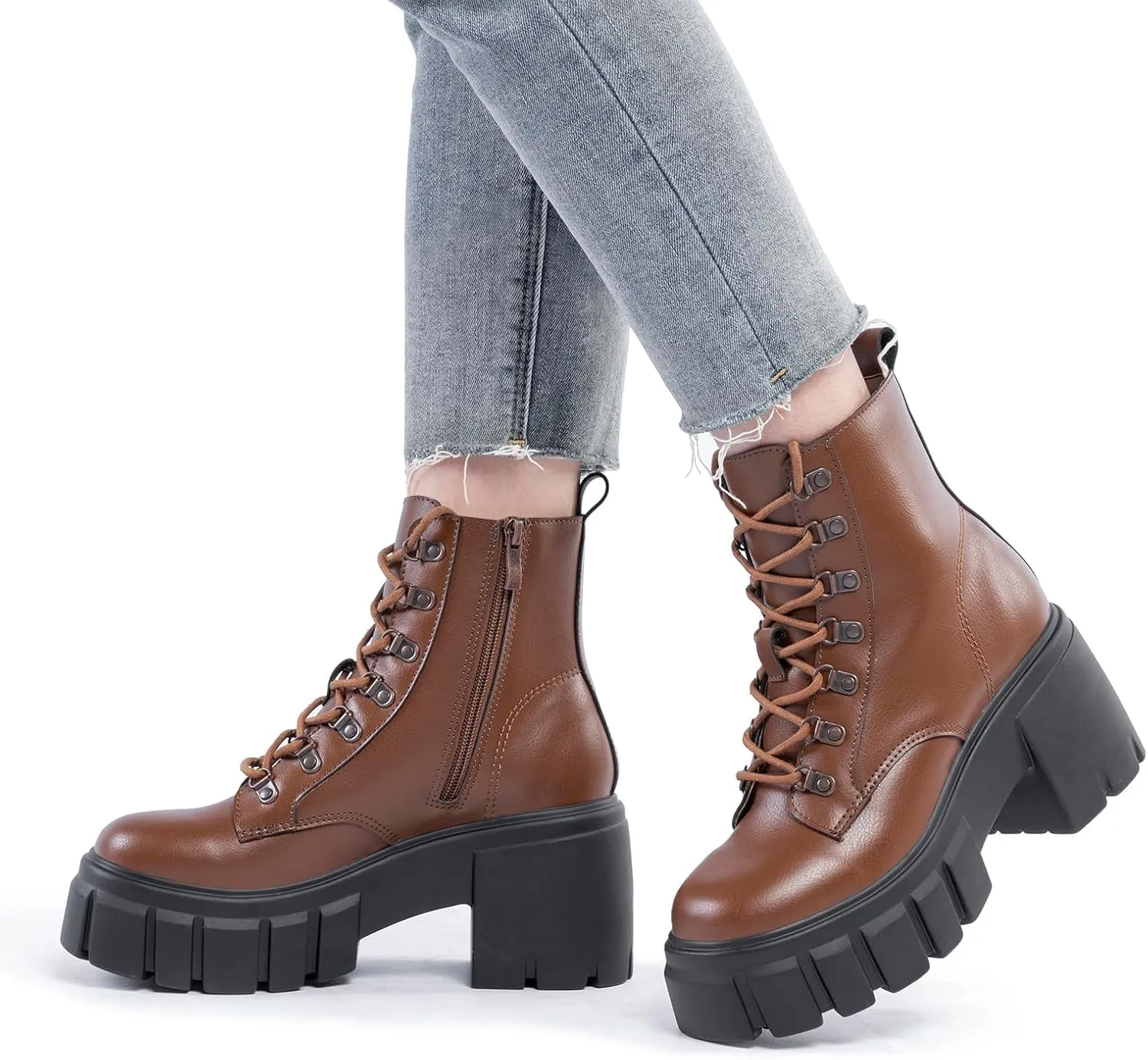 FITORY Women’s Combat Boots Lightweight Lace up Side Zipper Ankle Botas High Heel Chunky Platform Lug Sole Booties Size 6-11