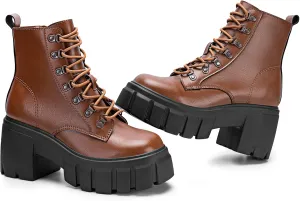 FITORY Women’s Combat Boots Lightweight Lace up Side Zipper Ankle Botas High Heel Chunky Platform Lug Sole Booties Size 6-11