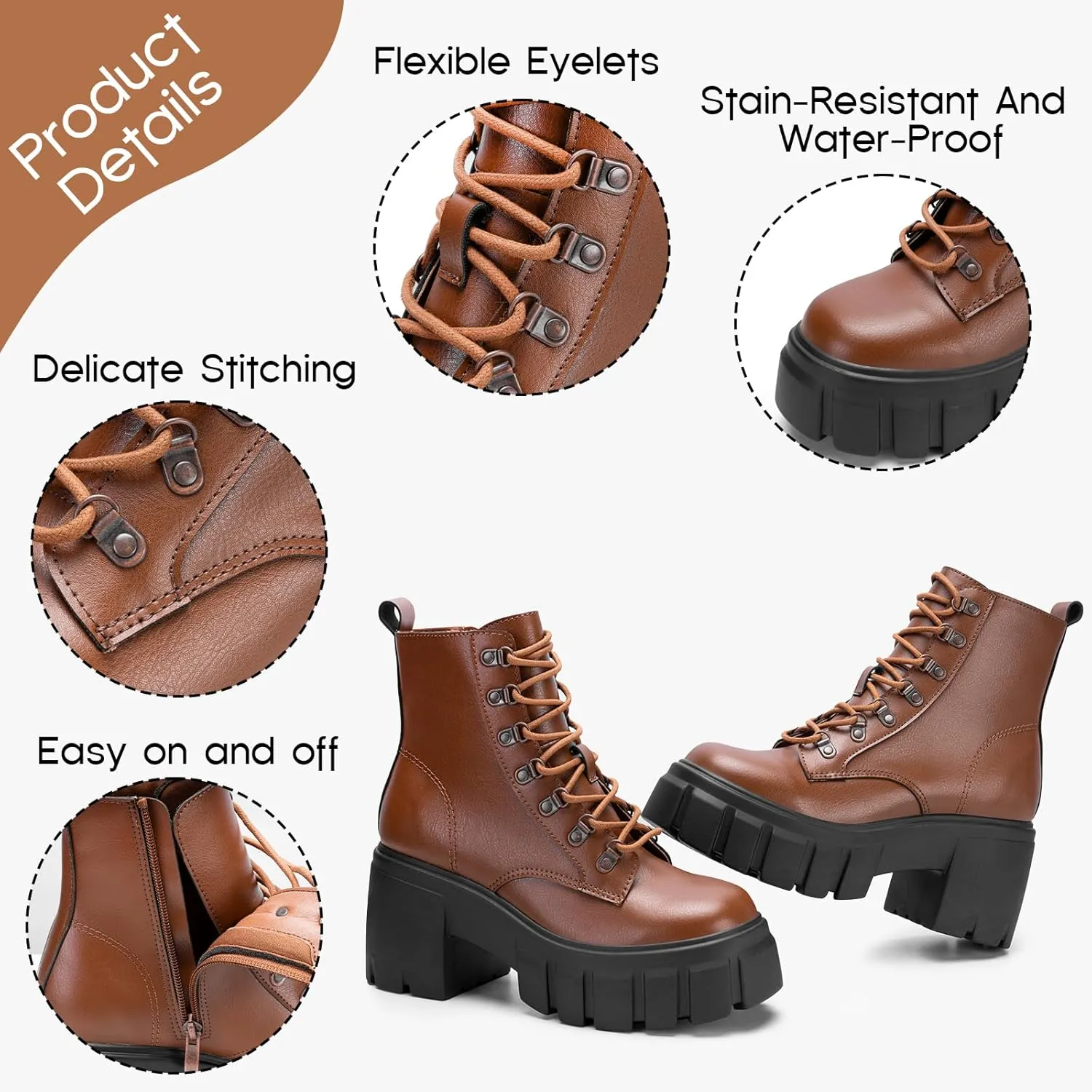 FITORY Women’s Combat Boots Lightweight Lace up Side Zipper Ankle Botas High Heel Chunky Platform Lug Sole Booties Size 6-11