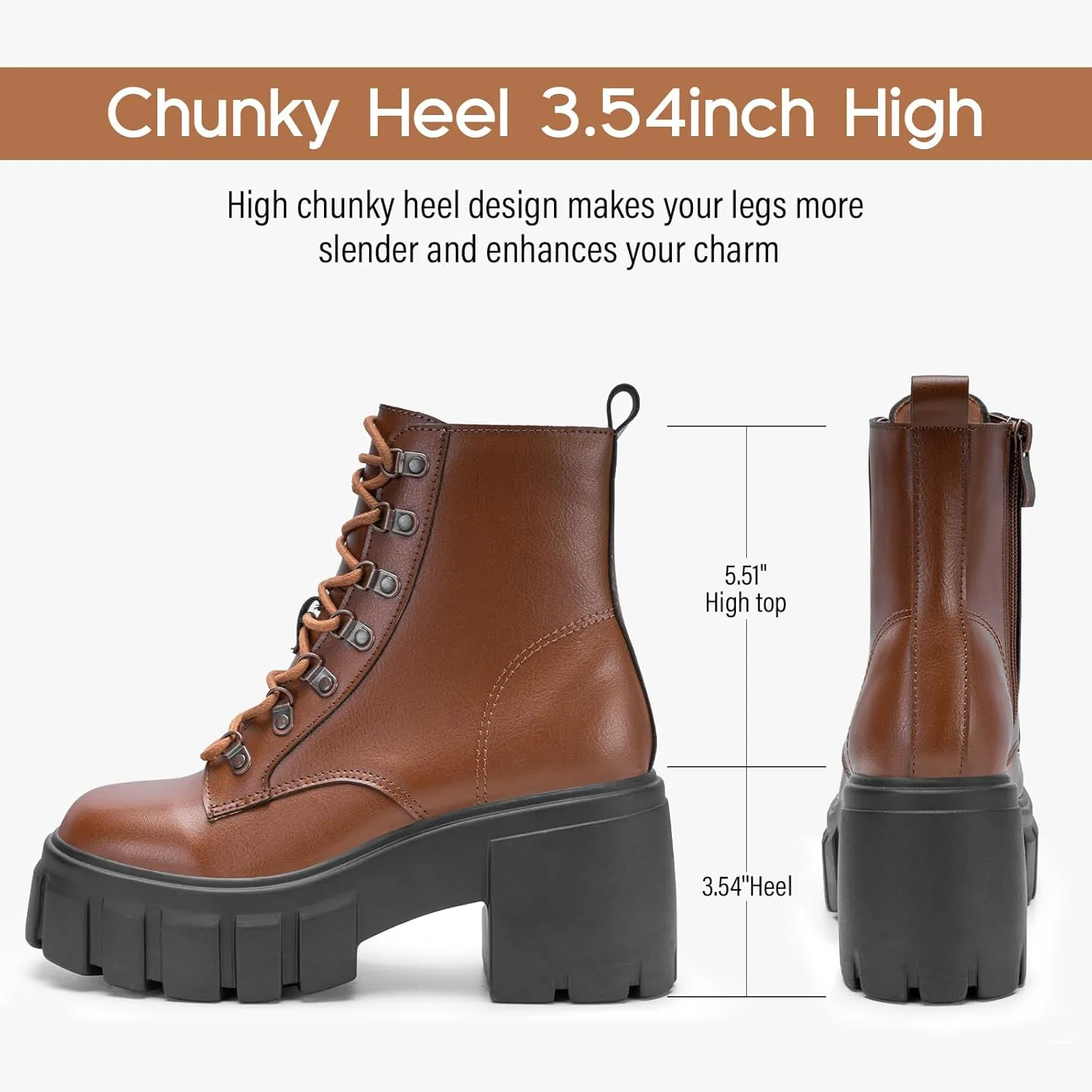 FITORY Women’s Combat Boots Lightweight Lace up Side Zipper Ankle Botas High Heel Chunky Platform Lug Sole Booties Size 6-11