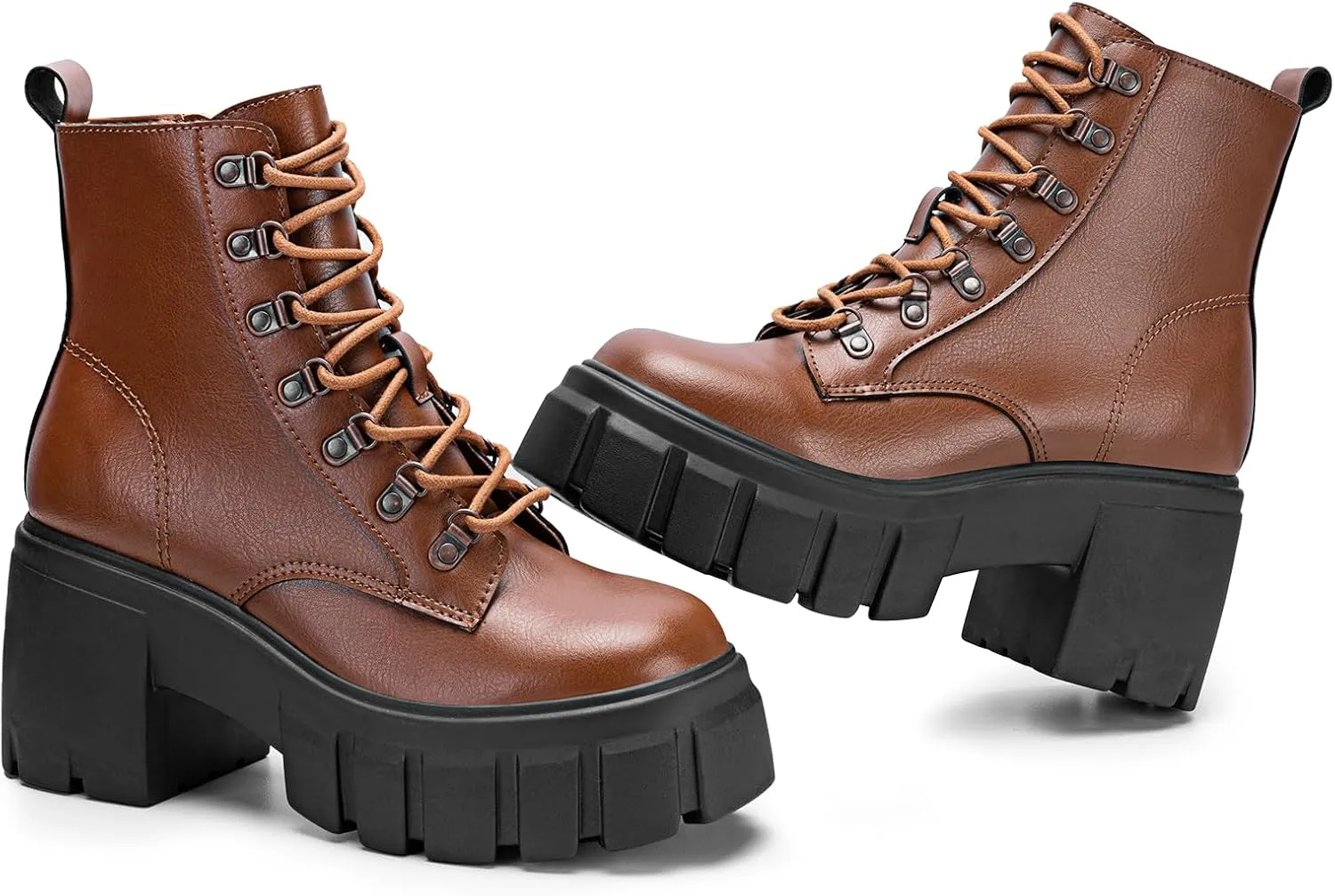 FITORY Women’s Combat Boots Lightweight Lace up Side Zipper Ankle Botas High Heel Chunky Platform Lug Sole Booties Size 6-11