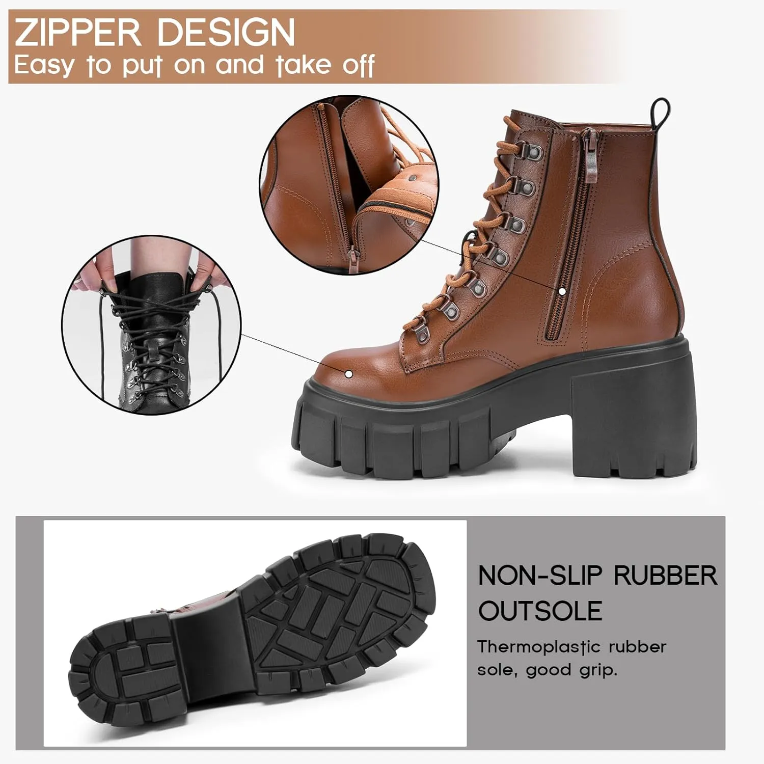 FITORY Women’s Combat Boots Lightweight Lace up Side Zipper Ankle Botas High Heel Chunky Platform Lug Sole Booties Size 6-11
