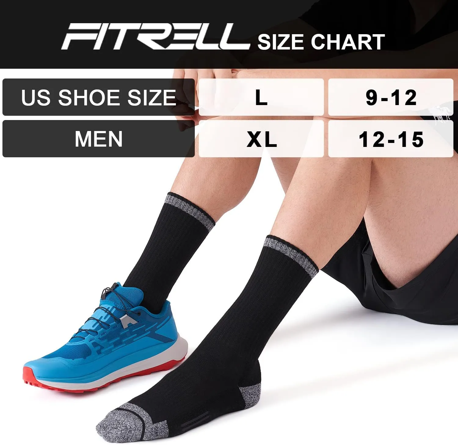 FITRELL 6 Pack Men's Athletic Moisture Wicking Crew Socks Cushioned Sport Running Work Boot Socks Size 9-12/12-15