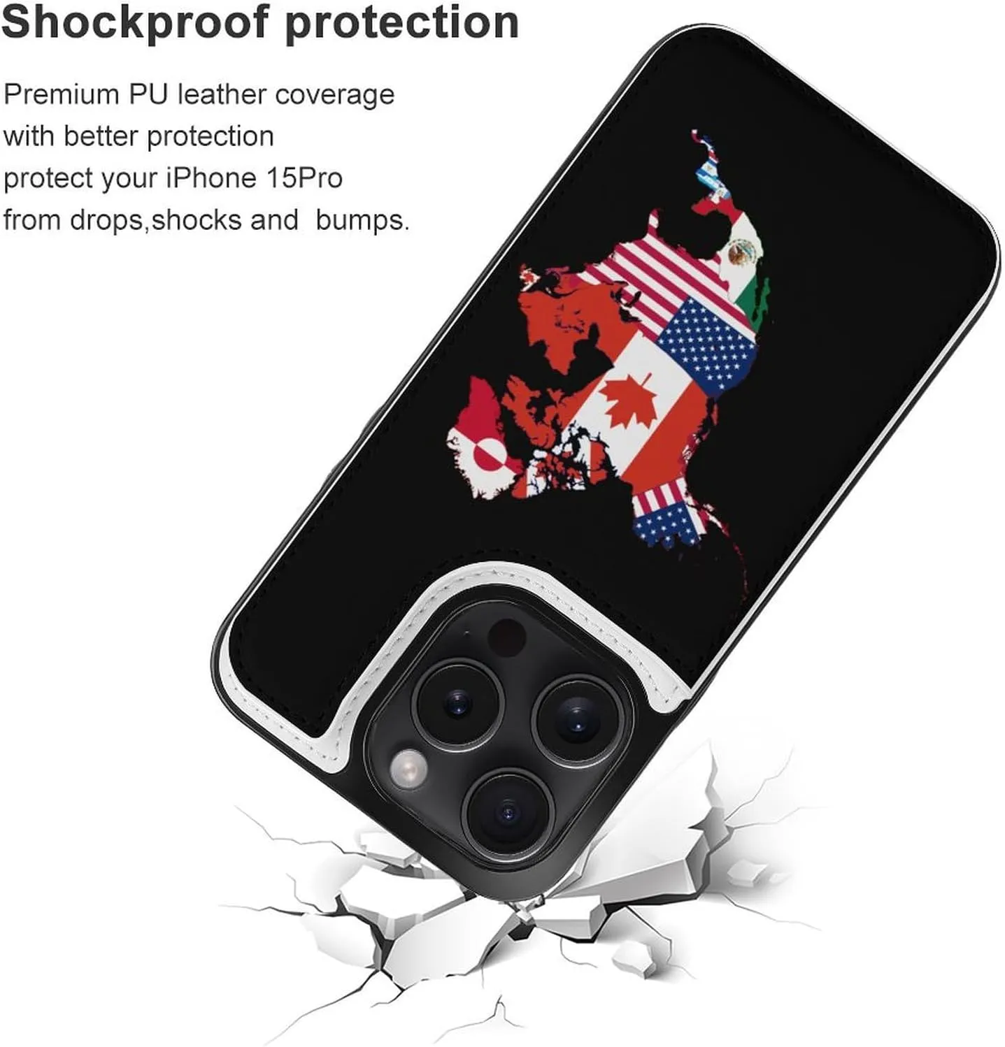 Flag Map of North America Printed Flip Wallet Phone Case Compatible with iPhone 15/iPhone 15 Plus/iPhone 15 Pro/iPhone 15 Pro Max Protective Cover with Card Holder Kickstand