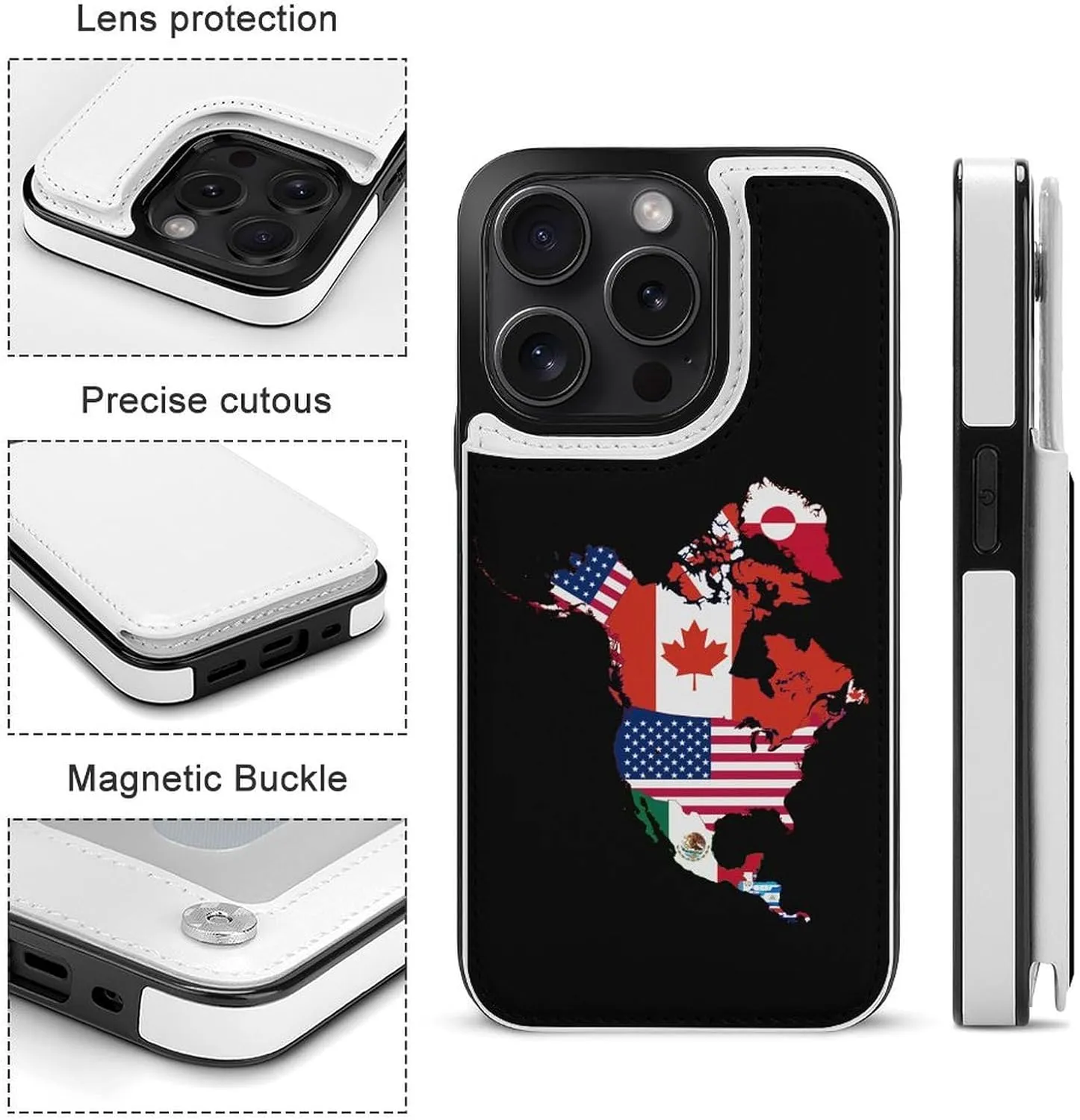 Flag Map of North America Printed Flip Wallet Phone Case Compatible with iPhone 15/iPhone 15 Plus/iPhone 15 Pro/iPhone 15 Pro Max Protective Cover with Card Holder Kickstand