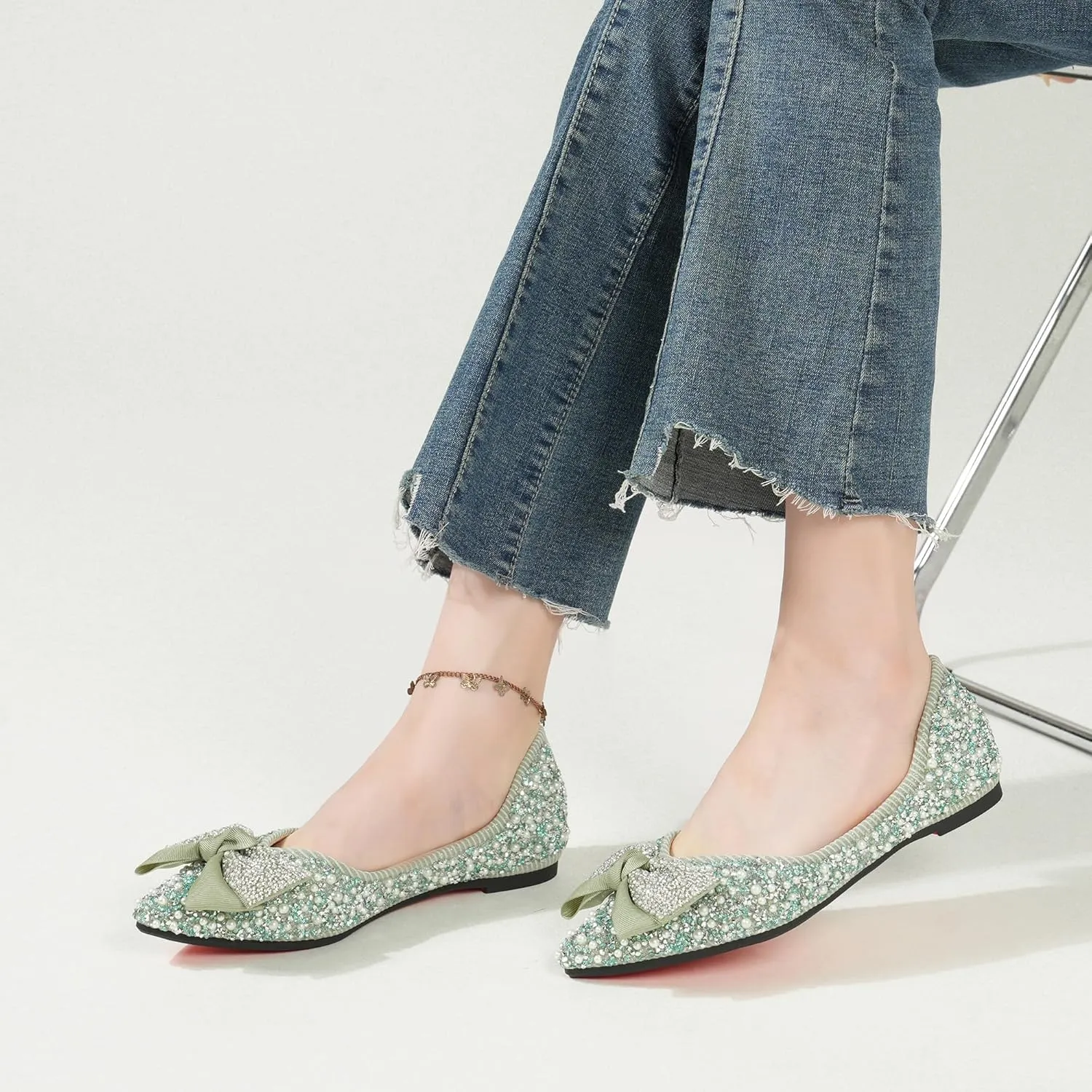Flats Shoes Women Rhinestone Wedding Flats Pointed Toe Ballet Flat Shoe Low Heel Dress Shoes Sparkly Flats for Women