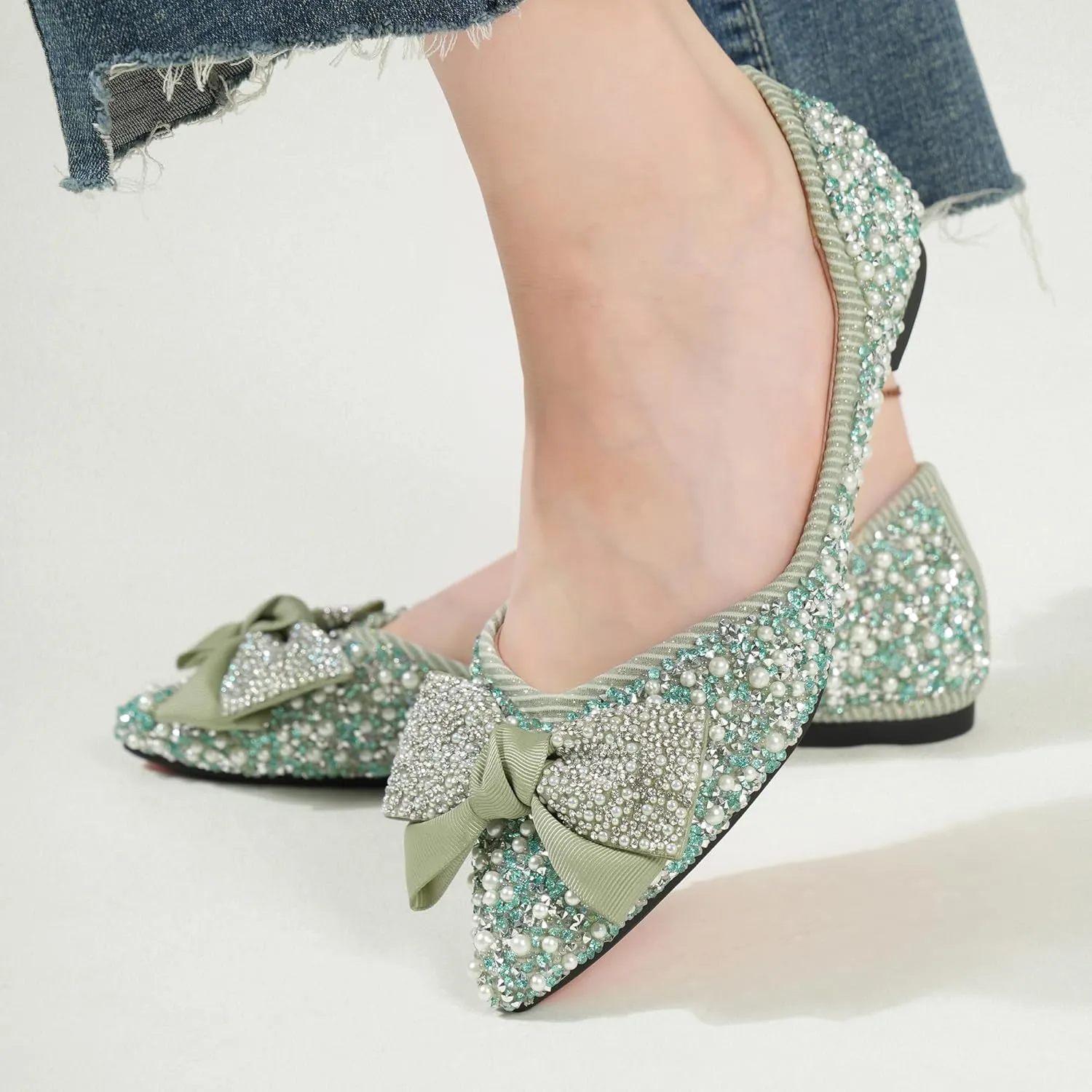 Flats Shoes Women Rhinestone Wedding Flats Pointed Toe Ballet Flat Shoe Low Heel Dress Shoes Sparkly Flats for Women