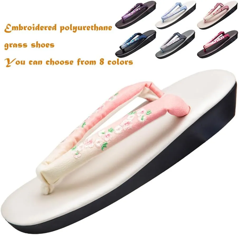 Flip-flop Japanese clogs Slippers,Woman’s Japanese Traditional Clogs Geta Sandals,Kimono Soft Soled Grass Clogs,Printed Women's Slippers
