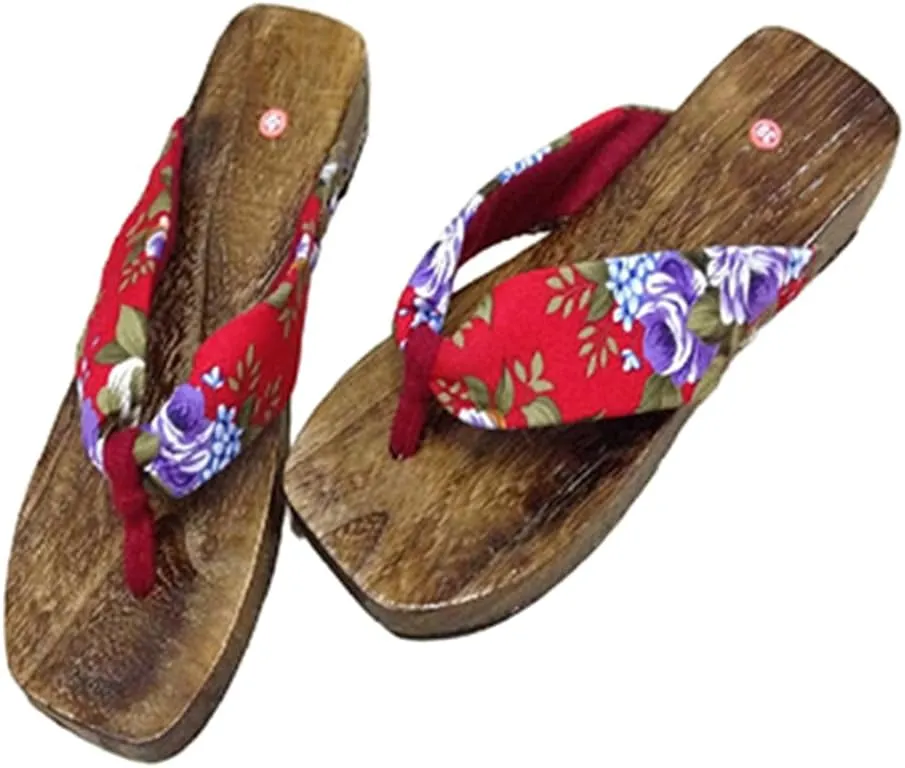 Flip Flops Clogs Slippers, Men's Wwomen's Burnt Paulownia Clogs Slippers,Japanese Traditional Clogs Geta Flat Sandals Traditional Round Headed Wooden Clogs Shoes(Size:EU 39,Color:Red)