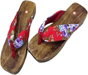 Flip Flops Clogs Slippers, Men's Wwomen's Burnt Paulownia Clogs Slippers,Japanese Traditional Clogs Geta Flat Sandals Traditional Round Headed Wooden Clogs Shoes(Size:EU 39,Color:Red)