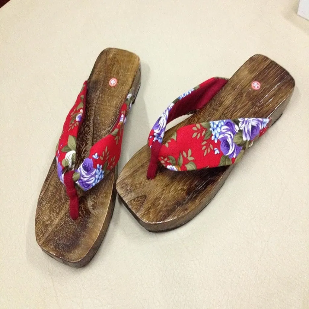 Flip Flops Clogs Slippers, Men's Wwomen's Burnt Paulownia Clogs Slippers,Japanese Traditional Clogs Geta Flat Sandals Traditional Round Headed Wooden Clogs Shoes(Size:EU 39,Color:Red)