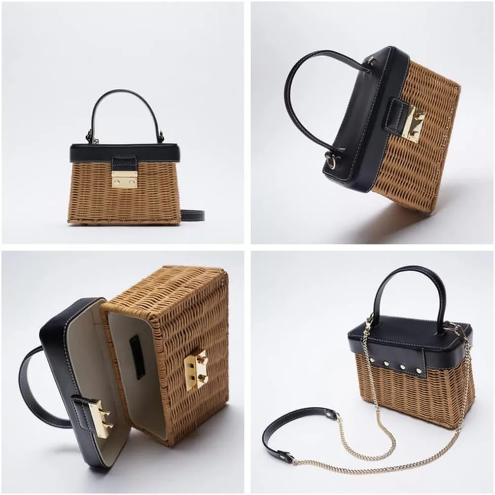 Flip Vintage Handbag Woven Crossbody Bags Casual Portable for Women Basket Rattan Bag Box