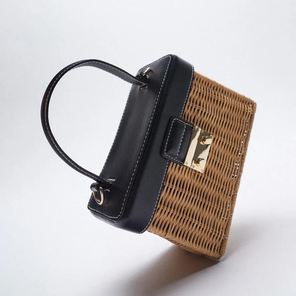 Flip Vintage Handbag Woven Crossbody Bags Casual Portable for Women Basket Rattan Bag Box