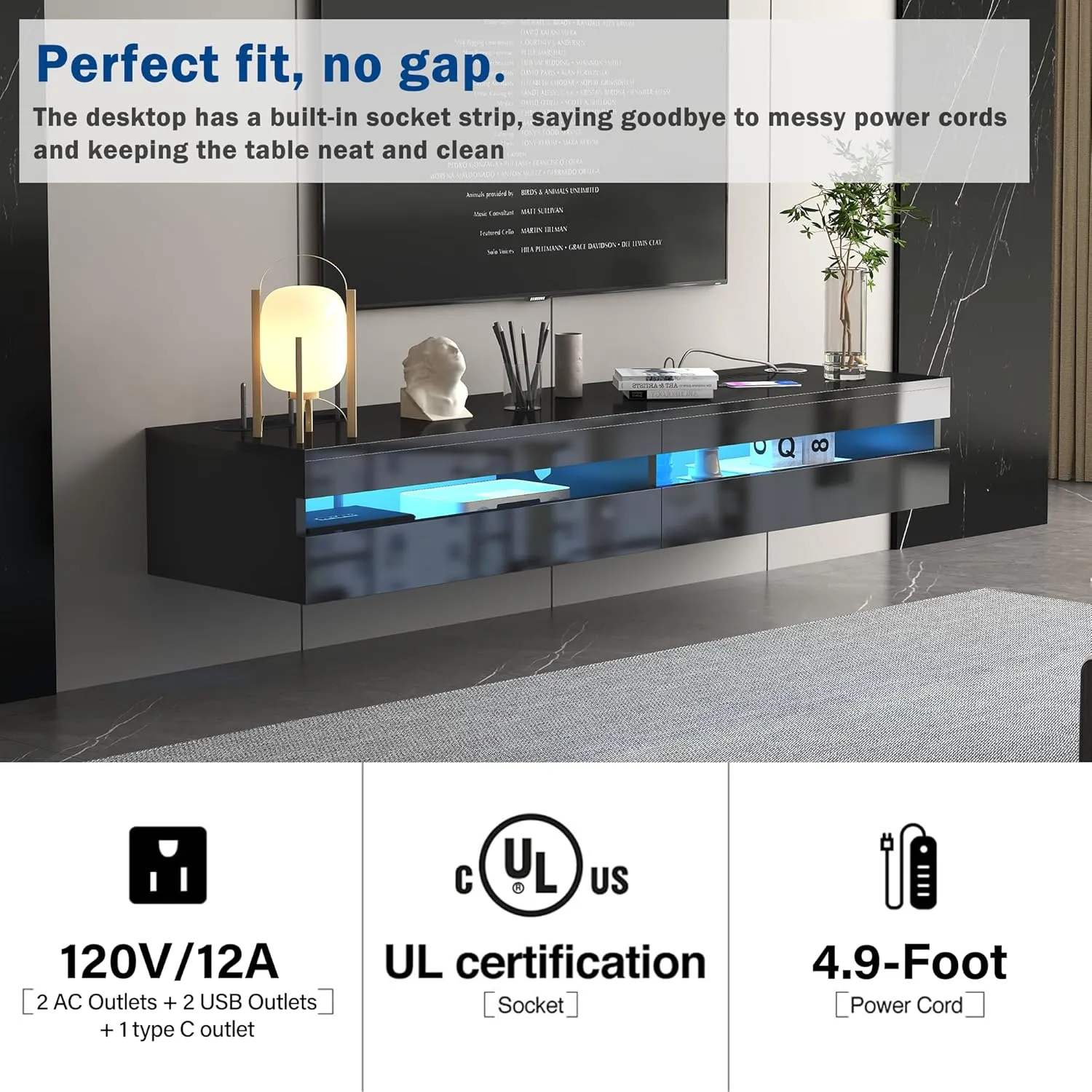 Floating TV Stand - 47'' Floating Entertainment Center with LED Light & Charging Station, Floating TV Shelf with Storage for Small Spaces Apartments, Media Console for TVs Up to 50 INCH