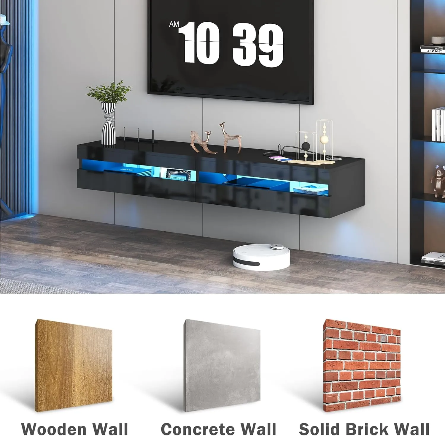 Floating TV Stand - 47'' Floating Entertainment Center with LED Light & Charging Station, Floating TV Shelf with Storage for Small Spaces Apartments, Media Console for TVs Up to 50 INCH