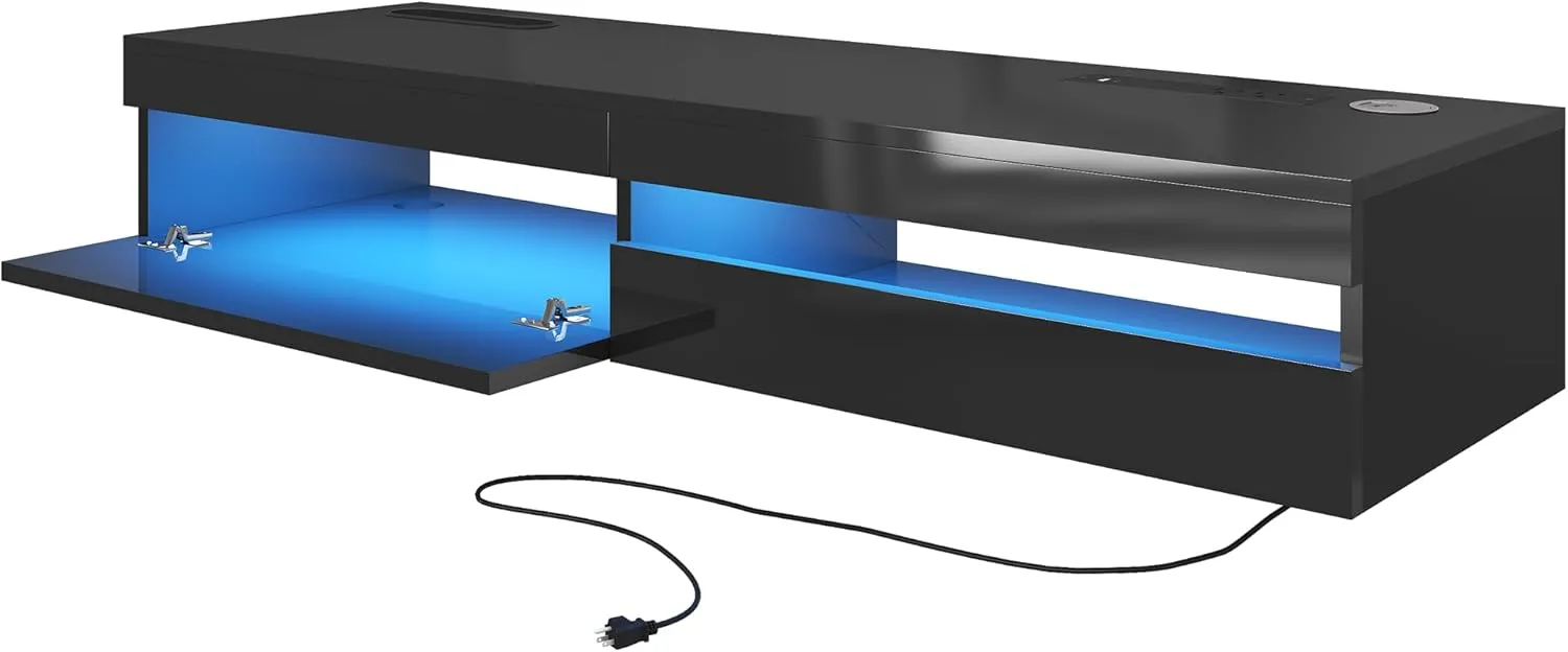 Floating TV Stand - 47'' Floating Entertainment Center with LED Light & Charging Station, Floating TV Shelf with Storage for Small Spaces Apartments, Media Console for TVs Up to 50 INCH