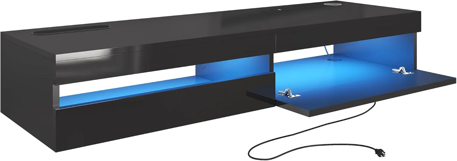 Floating TV Stand - 47'' Floating Entertainment Center with LED Light & Charging Station, Floating TV Shelf with Storage for Small Spaces Apartments, Media Console for TVs Up to 50 INCH