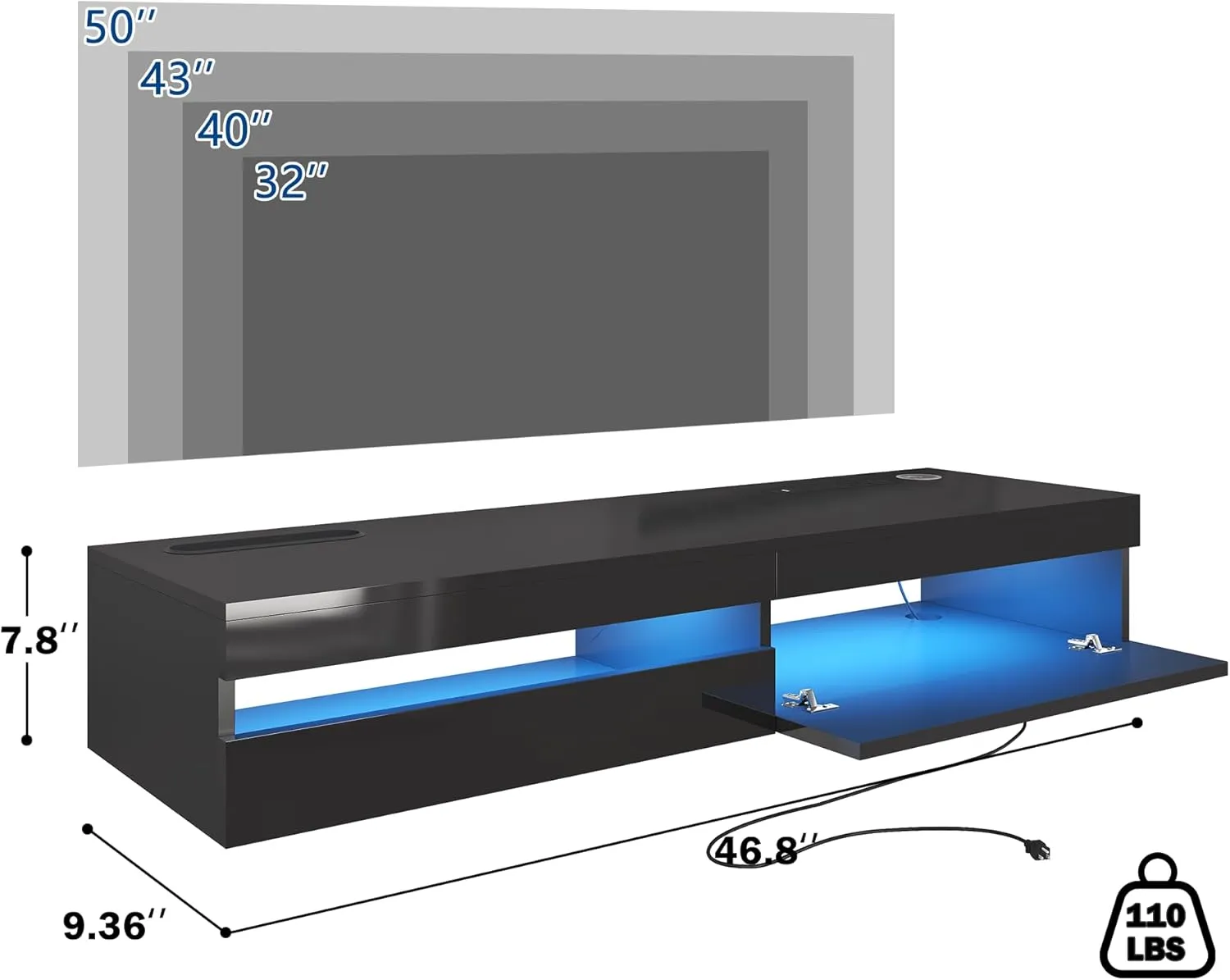 Floating TV Stand - 47'' Floating Entertainment Center with LED Light & Charging Station, Floating TV Shelf with Storage for Small Spaces Apartments, Media Console for TVs Up to 50 INCH