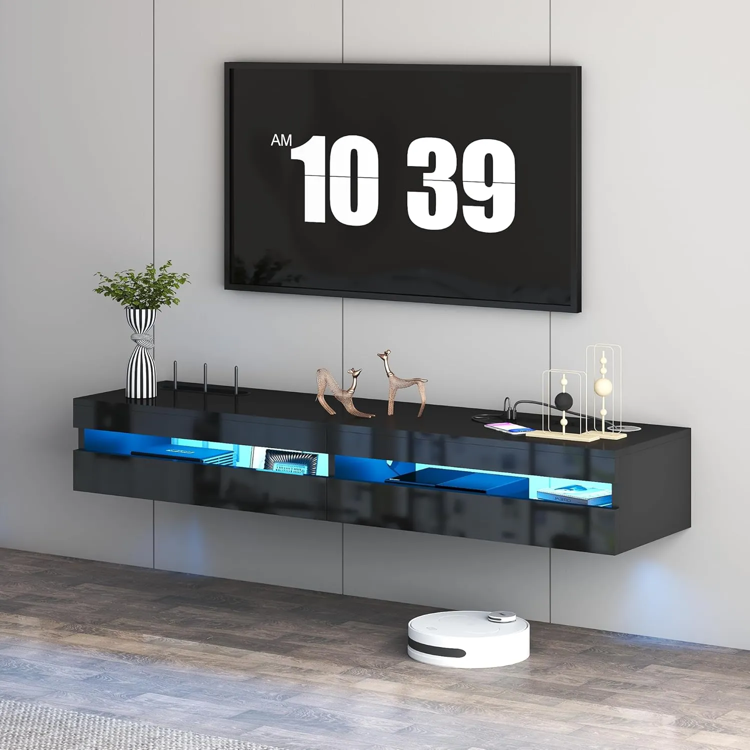 Floating TV Stand - 47'' Floating Entertainment Center with LED Light & Charging Station, Floating TV Shelf with Storage for Small Spaces Apartments, Media Console for TVs Up to 50 INCH