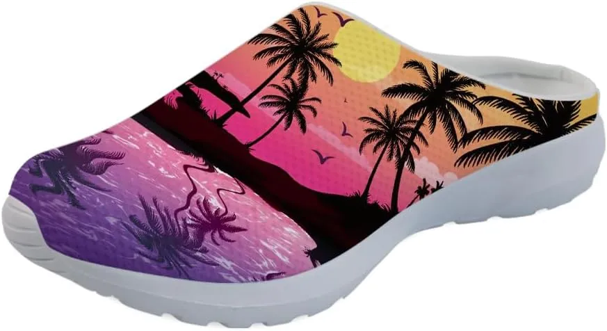 Forchrinse Blue Palm Tree Womens Slip on Clog Mule Walking Sneaker Mesh Soft Arch Support Slipper Work Nursing Shoes Lightweight
