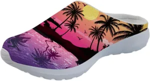 Forchrinse Blue Palm Tree Womens Slip on Clog Mule Walking Sneaker Mesh Soft Arch Support Slipper Work Nursing Shoes Lightweight