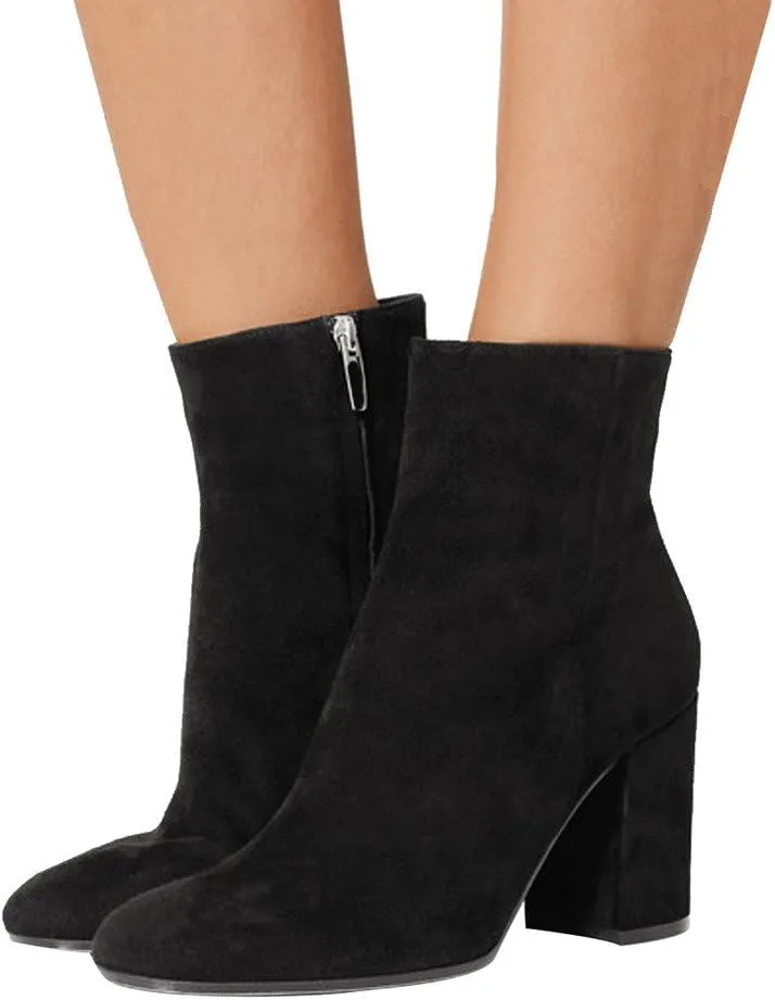 FSJ Women Almond Toe Chunky Block High Heel Handmade Ankle Booties Elegant Ladies Casual Dress Daily Boots Size 4-15 US