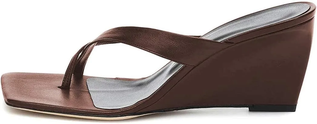 FSJ Women Casual Flip Flop Slide Mule Shoes Square Open Toe Thong Sandal Summer Wedge High Heel Size 4-15 US