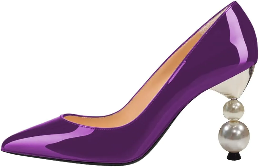 FSJ Women Classic Pearls Heel Pumps Pointed Toe Slip On High Heel 9cm Glossy Leather Ladies Office Party Pump Shoes Size 4-16 US