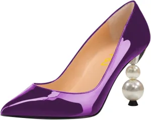 FSJ Women Classic Pearls Heel Pumps Pointed Toe Slip On High Heel 9cm Glossy Leather Ladies Office Party Pump Shoes Size 4-16 US