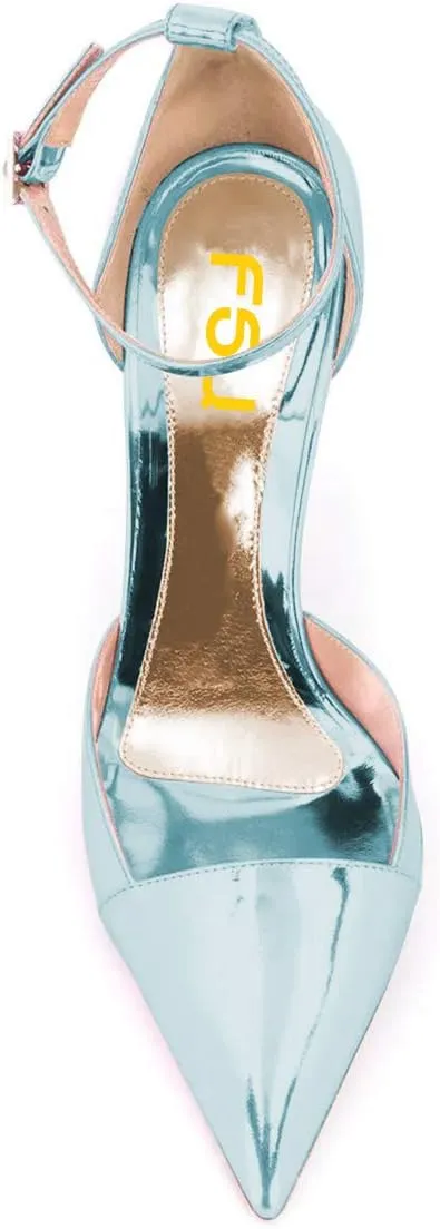 FSJ Women Elegant D'Orsay Pumps Closed Pointed Toe High Heels Stilettos Buckle Ankle Strap Bridal Party Dress Shoes Size 4-15 US
