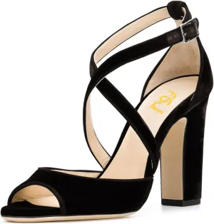 FSJ Women Elegant Peep Toe Sandals Chunky High Heel Pumps Cross Strap Velvet Suede Dress Pumps Size 4-15 US