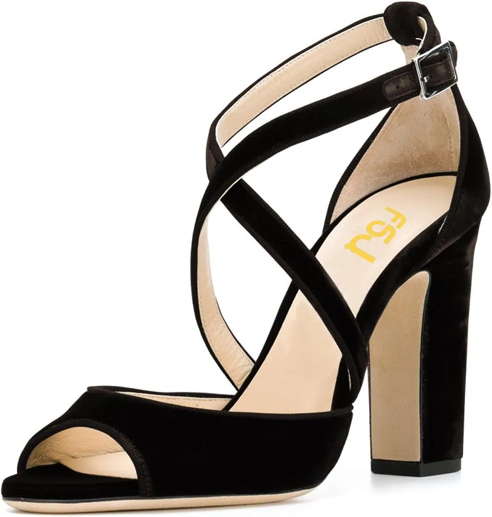FSJ Women Elegant Peep Toe Sandals Chunky High Heel Pumps Cross Strap Velvet Suede Dress Pumps Size 4-15 US