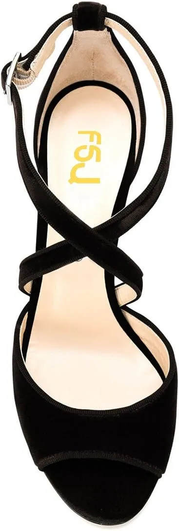 FSJ Women Elegant Peep Toe Sandals Chunky High Heel Pumps Cross Strap Velvet Suede Dress Pumps Size 4-15 US