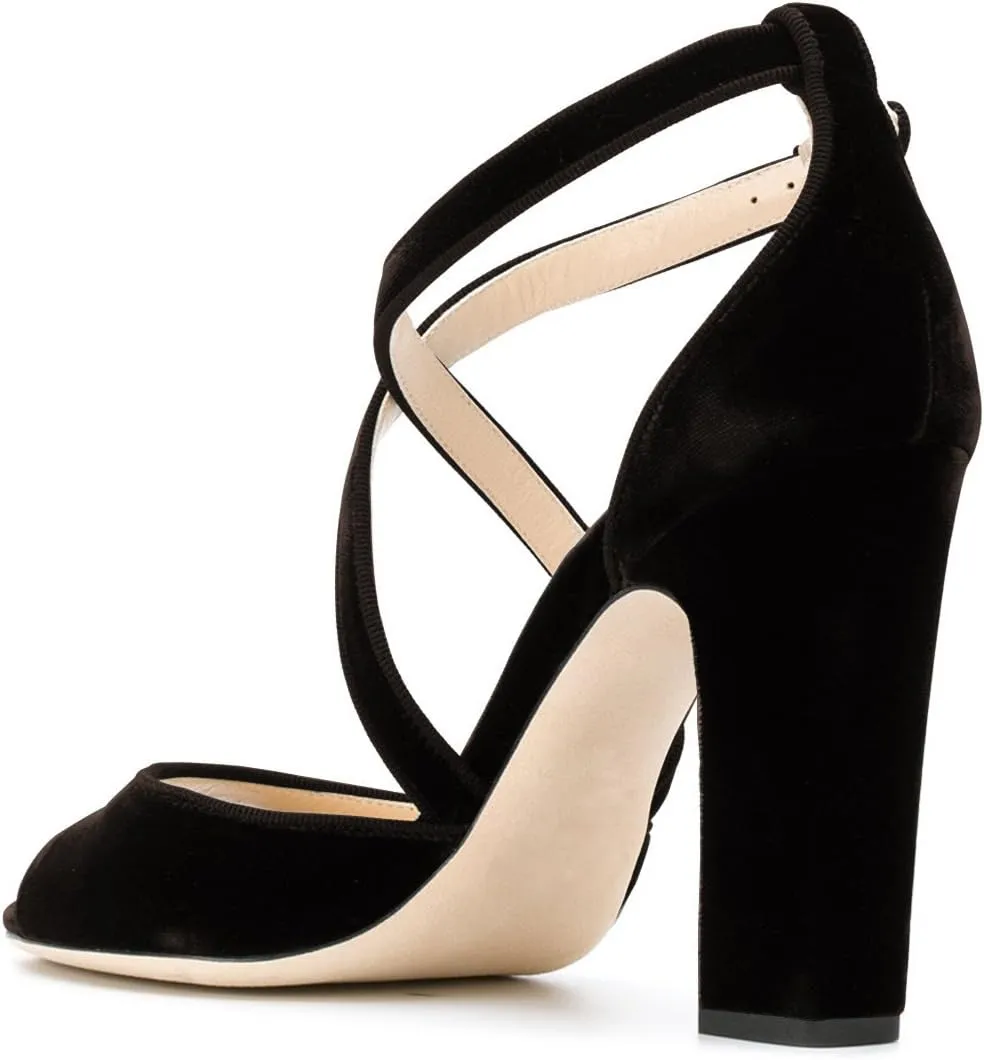 FSJ Women Elegant Peep Toe Sandals Chunky High Heel Pumps Cross Strap Velvet Suede Dress Pumps Size 4-15 US