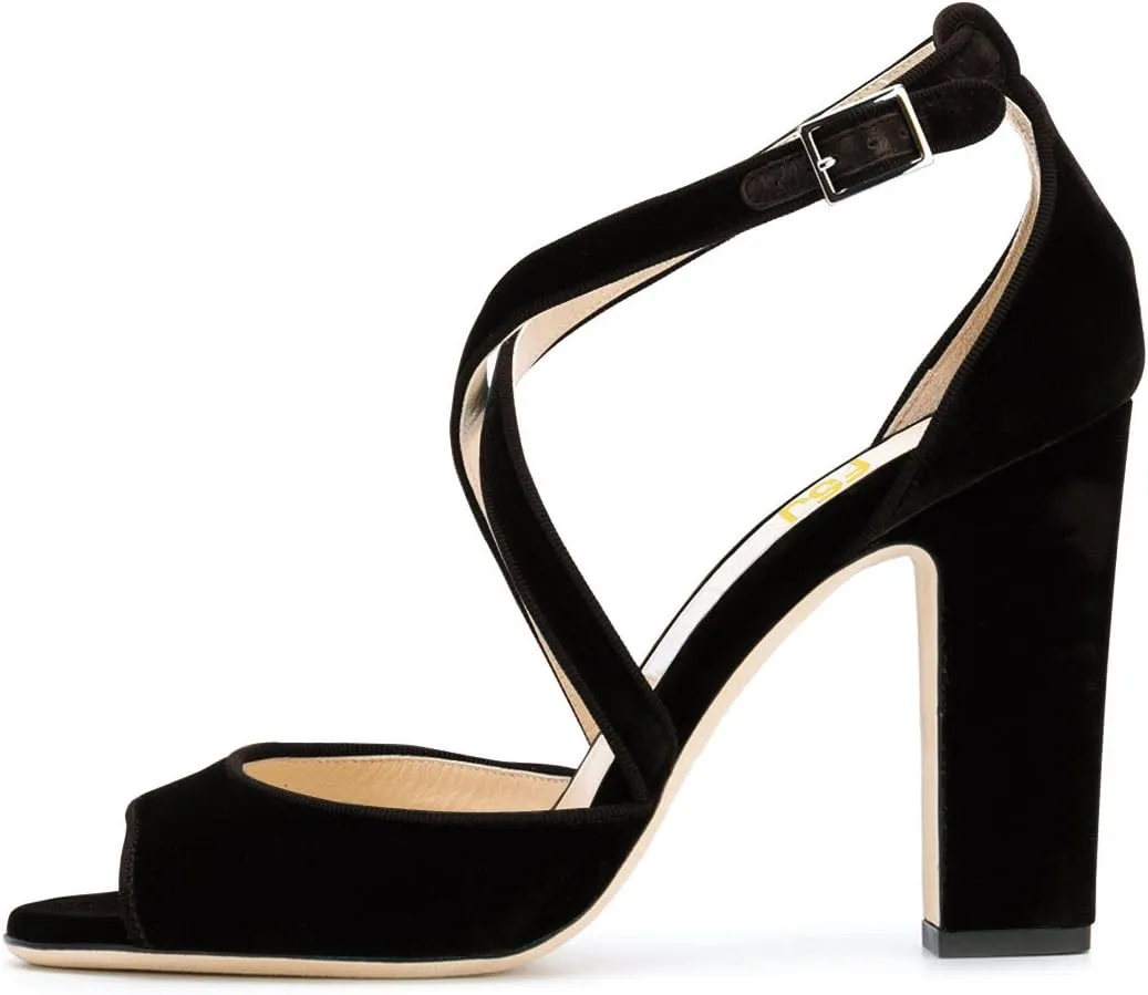 FSJ Women Elegant Peep Toe Sandals Chunky High Heel Pumps Cross Strap Velvet Suede Dress Pumps Size 4-15 US