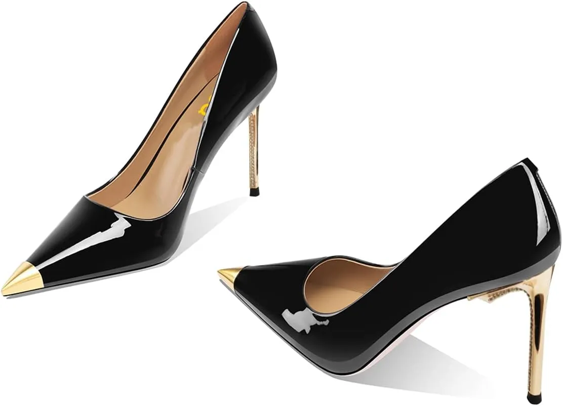 FSJ Women Metal Cap Pointed Toe High Heel Pumps Sexy Gold Stiletto Elegant Slip On Office Lady Wedding Party Dress Shoes Size 4-15 US