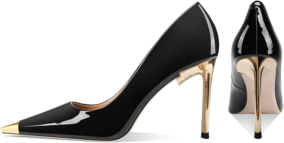 FSJ Women Metal Cap Pointed Toe High Heel Pumps Sexy Gold Stiletto Elegant Slip On Office Lady Wedding Party Dress Shoes Size 4-15 US