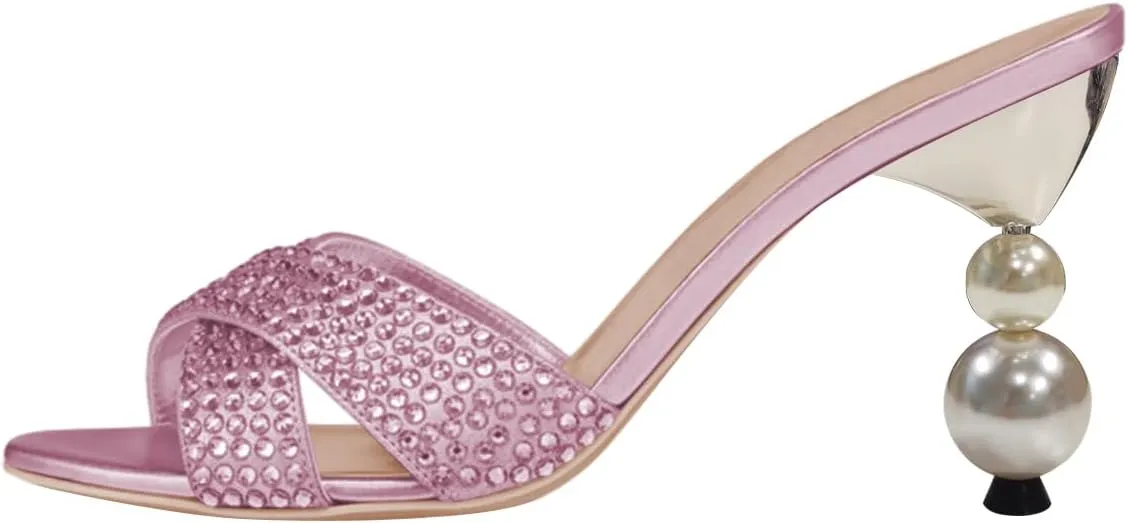 FSJ Women Rhinestone Heeled Sandals Open Peep Toe Pearls Heel Cross Strap Elegant Mule Slip On Wedding Party High Heel Slippers Size 4-16 US