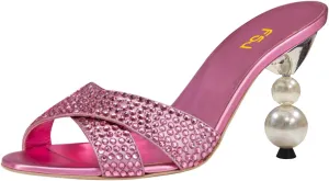 FSJ Women Rhinestone Heeled Sandals Open Peep Toe Pearls Heel Cross Strap Elegant Mule Slip On Wedding Party High Heel Slippers Size 4-16 US