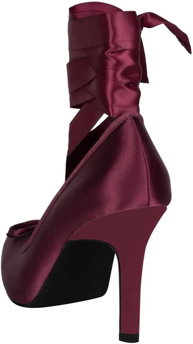 FSJ Women Square Toe Bow Tie Satin Ballet High Heel Sexy Lace-up Stiletto Pumps Elegant Mary Janes Party Shoes Size 4-16 US