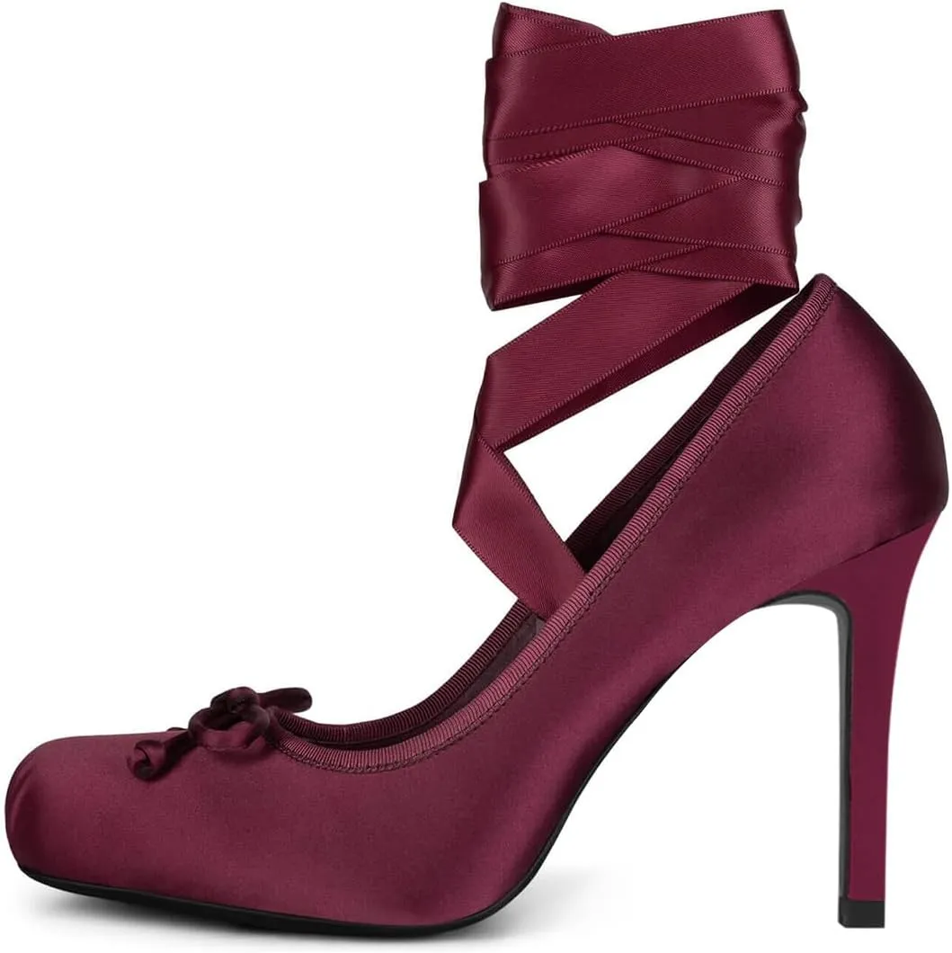 FSJ Women Square Toe Bow Tie Satin Ballet High Heel Sexy Lace-up Stiletto Pumps Elegant Mary Janes Party Shoes Size 4-16 US