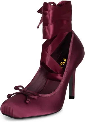 FSJ Women Square Toe Bow Tie Satin Ballet High Heel Sexy Lace-up Stiletto Pumps Elegant Mary Janes Party Shoes Size 4-16 US