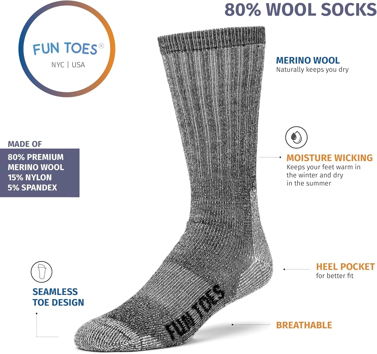 FUN TOES Merino Wool Socks For Men Hiking Boot Thermal Warm Cushioned Crew 6 Pairs