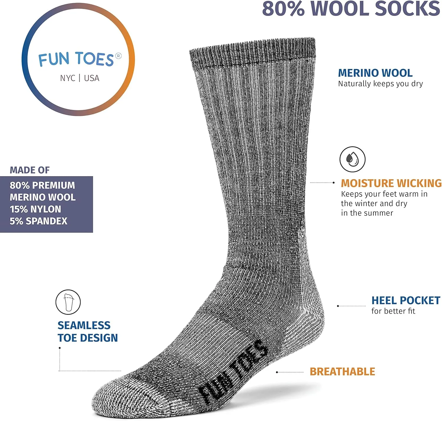 FUN TOES Merino Wool Socks For Men Hiking Boot Thermal Warm Cushioned Crew 6 Pairs