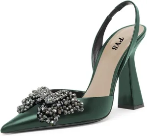 FYS Women Pretty Elegant Slip on Pointed Toe Slingback Sandals D'Orsay Pumps Butterfly Crystal Rhinestones Chunky High Heel Slide Shoes Dress Wedding Prom Shoes Size 4-15 US