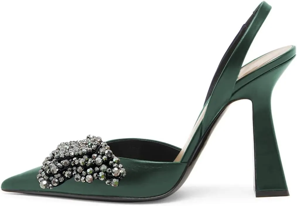 FYS Women Pretty Elegant Slip on Pointed Toe Slingback Sandals D'Orsay Pumps Butterfly Crystal Rhinestones Chunky High Heel Slide Shoes Dress Wedding Prom Shoes Size 4-15 US