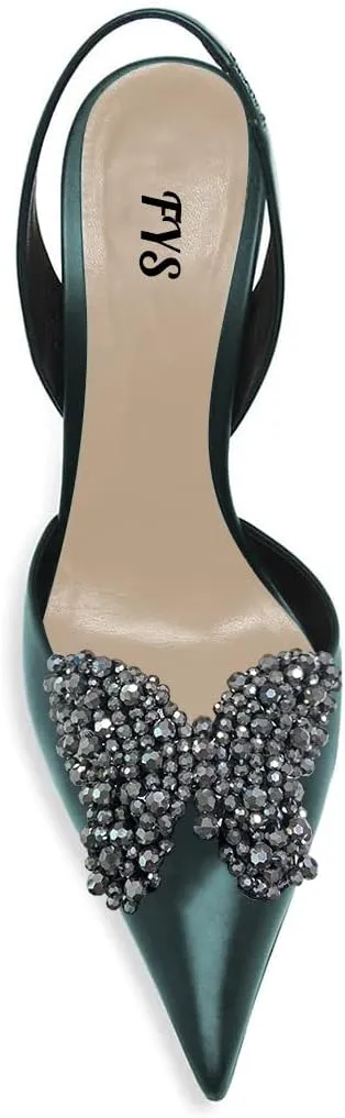 FYS Women Pretty Elegant Slip on Pointed Toe Slingback Sandals D'Orsay Pumps Butterfly Crystal Rhinestones Chunky High Heel Slide Shoes Dress Wedding Prom Shoes Size 4-15 US