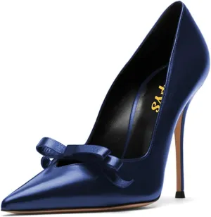 FYS Women's Bow Pointed Toe Pumps Slip on Stiletto High Heels Elegant Party Prom Eveing Shoes Size 4-16 US